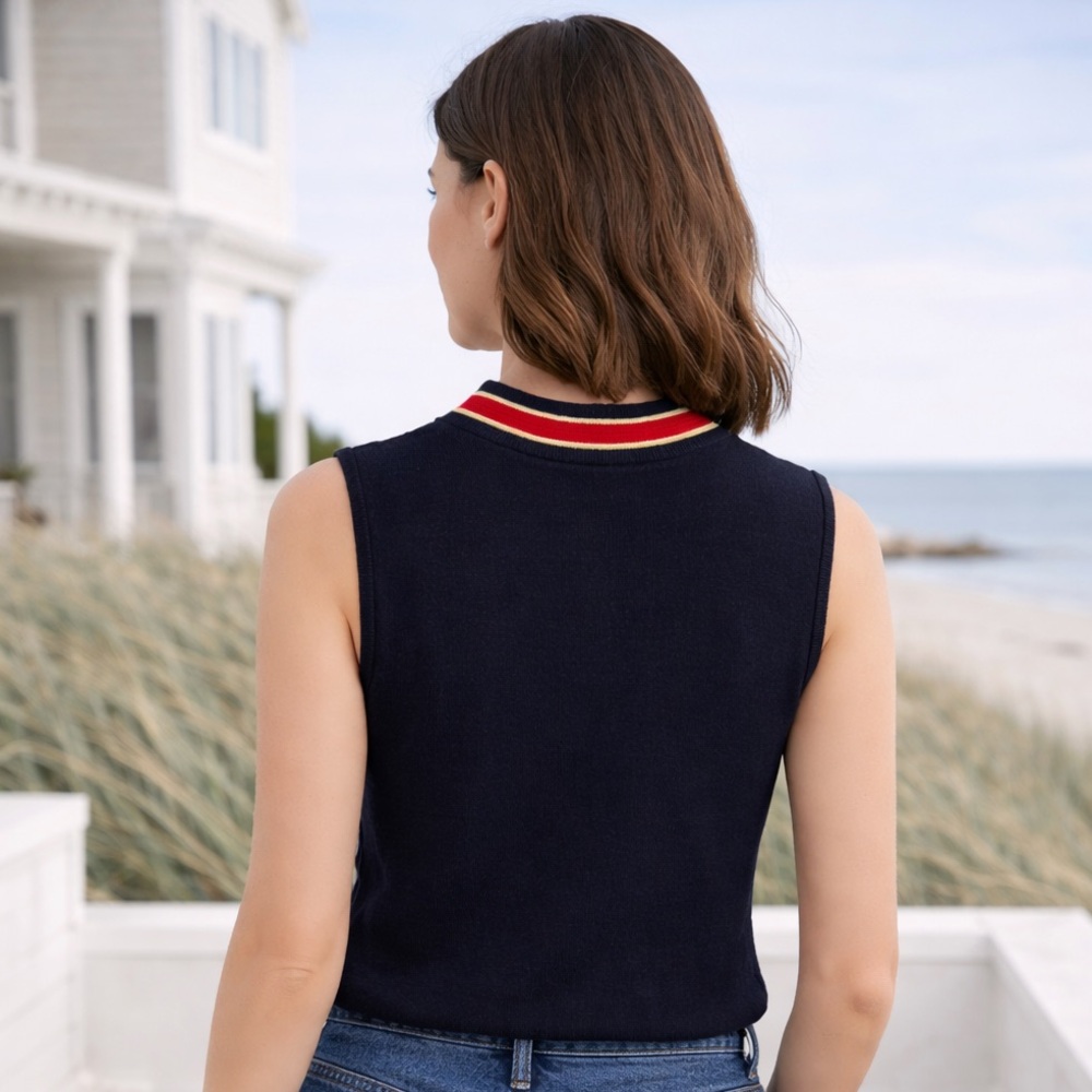 St John Marie Gray Santana Knit Sleeveless Top Navy Trim Vintage Size M USA - Picture 6 of 7